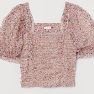 🎉NWT🎉 H&M Mesh Shirred Puff Sleeve, Square Neck Blouse